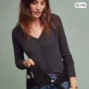 Maeve Anthropologie Pearson Black V Neck Lightweight Thermal Waffle Knit XS Top
